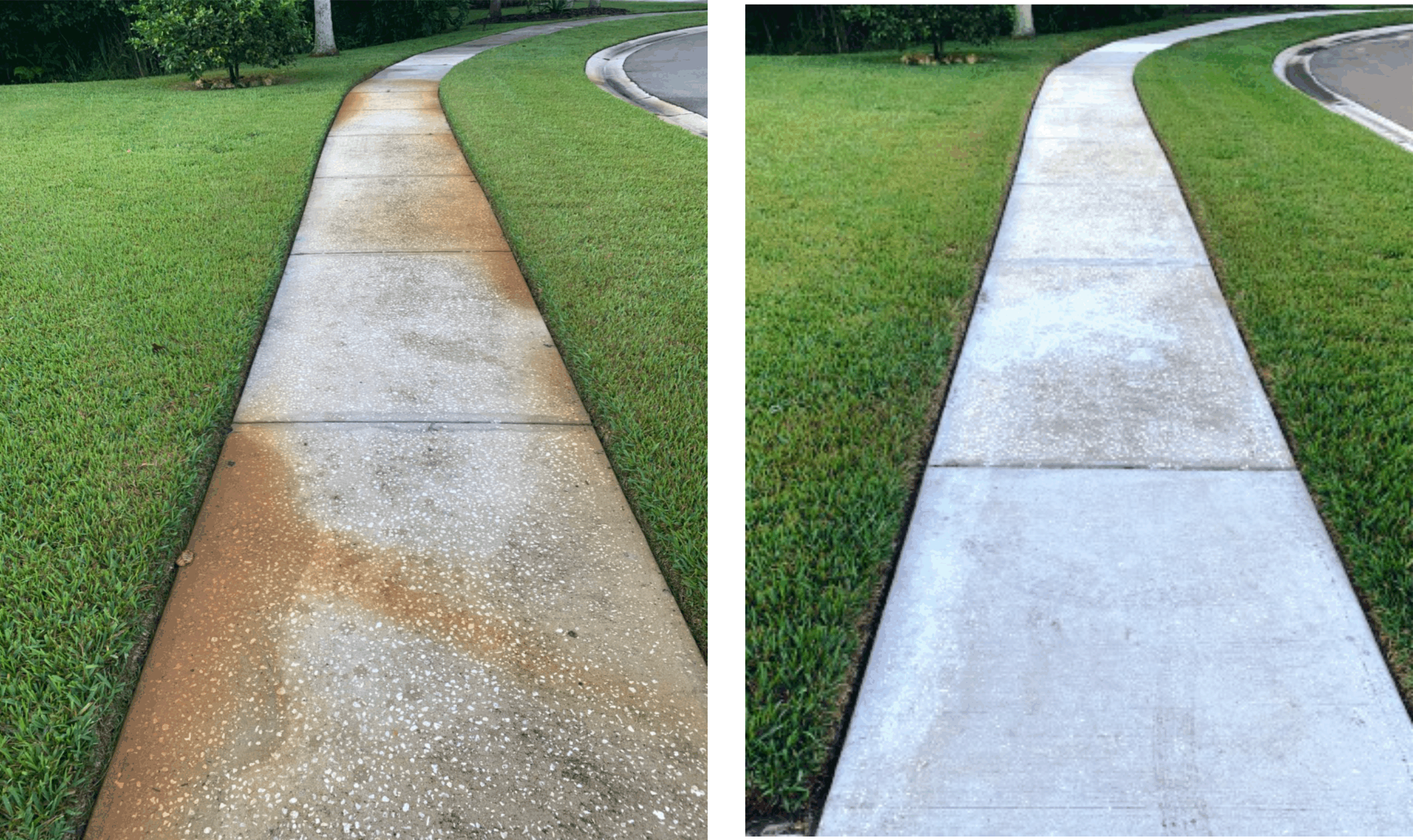 Iron stain removal before and after on sidewalk